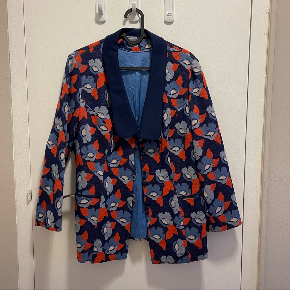 unique blue and red floral blazer with buttons